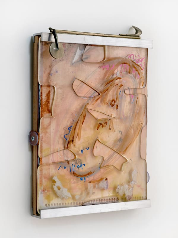 Ojalá Piece, 2024; printed photograph, marker and paint on plastic, fused window glass, oboe piece; 12x8.5x2 inches. Photography by Brica Wilcox.  Glass with help from Second Best Studio, LA. Framing thanks to Paradise Framing, LA. Oboe Piece from FB.