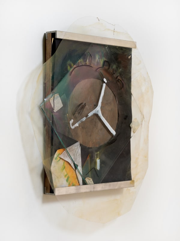 Poor Nimrud I (For Nimud Lens), 2024; chalk and charcoal and marker and paint on wood, paper, burnt mirror, glass and plastic,metal ;14x13x1 inches. 
Photography by Brica Wilcox. Framing thanks to Paradise Framing, LA.