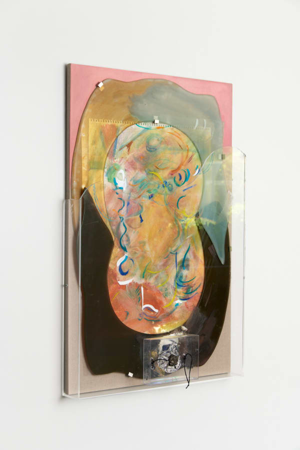 BRossi Piece, 2021-2022; Chalk on paper, paint on plastic and melted/cut glass and mirror, assemblage, plexiglass frames, wood frame (by Paradise Framing, LA) with painted linen; 36x24x5 inches. Photography by Brica Wilcox.