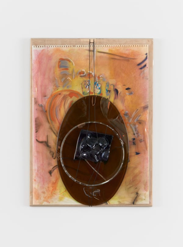 Toe Piece, 2021-2022; Chalk on paper, paint on plastics and melted cut mirror, glass assemblage, homemade fiber-optic, cords, wood frame (by Paradise Framing, LA); 26x19x3½ inches. Photography by Brica Wilcox.