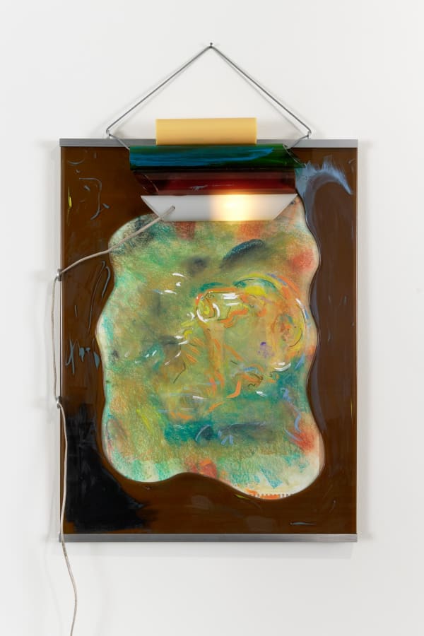 Dying over Facetime, 2021-2022; Chalk on paper, paint on plastic, paint and oil on cut and melted mirror, oil paint on light fixture with borosilicate tubes, wood and metal frame (by Paradise Framing, LA); 38x24x4 inches. Photography by Brica Wilcox