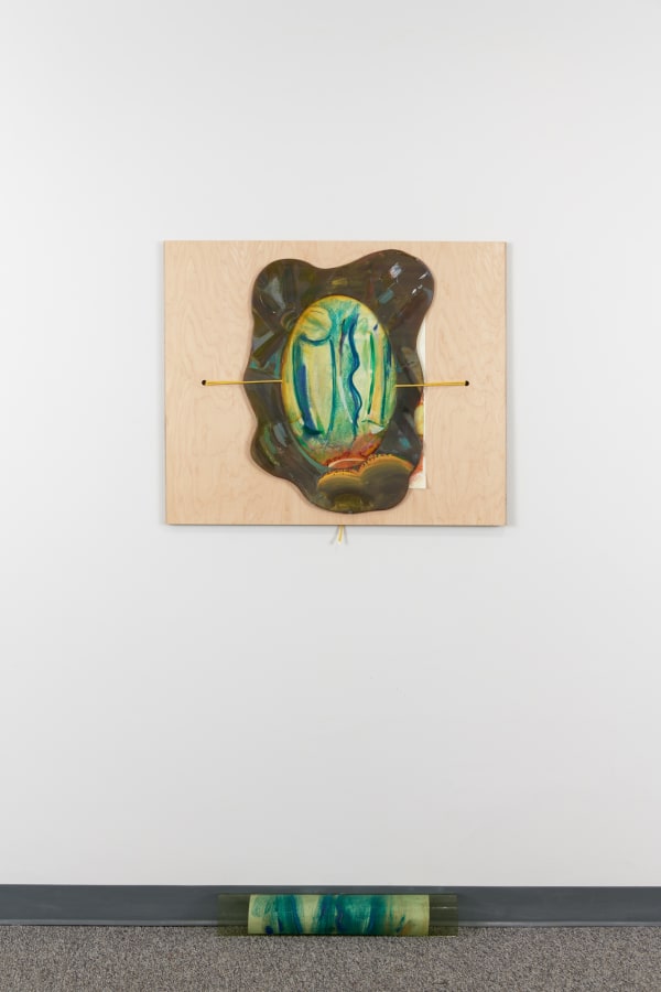 Leg Piece, 2021-2022; Chalk on paper, paint on plastic and melted cut mirror, cord, wood frame (by Paradise Framing, LA), slumped glass (Second Best Studio, LA). Leg Piece Baseboard, 2021; oil paint on slumped glass (Second Best Studio, LA), chalk on paper; 36x24x3½ inches