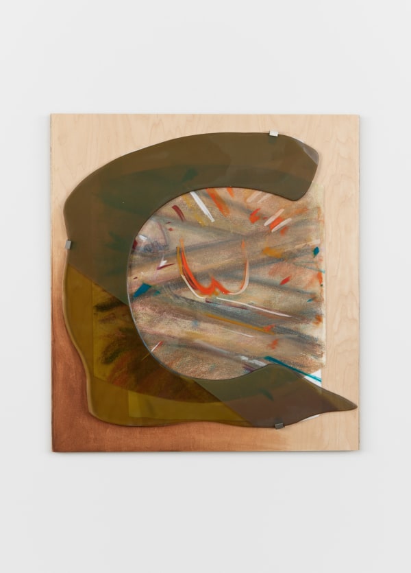 Thai Hotel, 2021-2022; Chalk on paper, paint on plastic, melted, cut and etched mirror (thanks to Second Best Studio, LA), and wood frame (by Paradise Framing, LA); 26x24x1 inches. Photography by Brica Wilcox