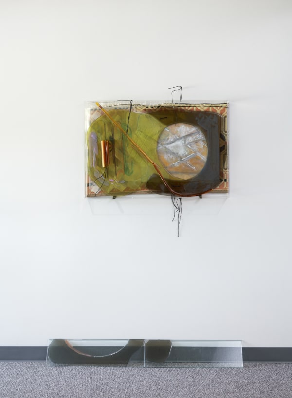 Tongue Thruster Piece, 2020-2022; Chalk on paper, marker on rubber, plastic carpet, paint on plastic, melted, cut and manipulated mirror with paint, cord, borosilicate wand, borosilicate light fixture, plexiglass frame; 24x36x3½. Tongue Thruster Baseboard, 2021; Etched and polished flash glass; 7x40x4 inches. Photography by Brica Wilcox.