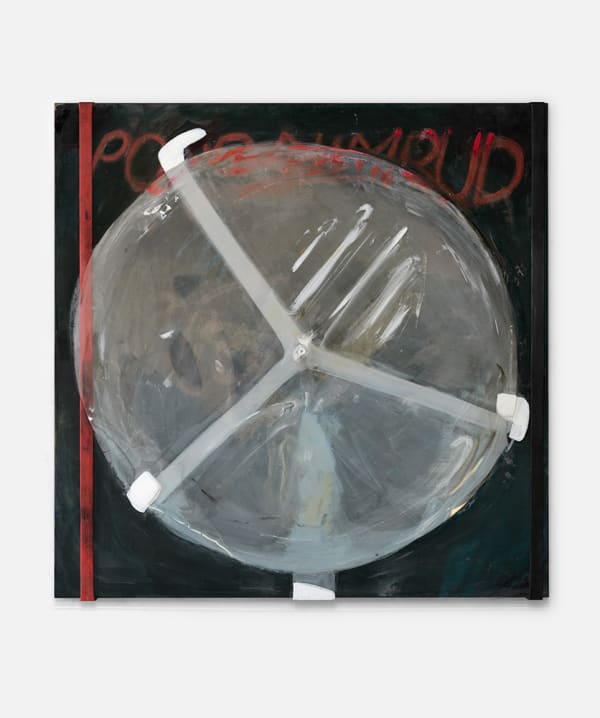 Poor Nimrud II, 2025; wood, chalk, paint, nonreflective acrylic frame, plastic, metal, rubber brand; 30 x 30 x 4".  Thanks to paradise Framing.Photography by Brica Wilcox.