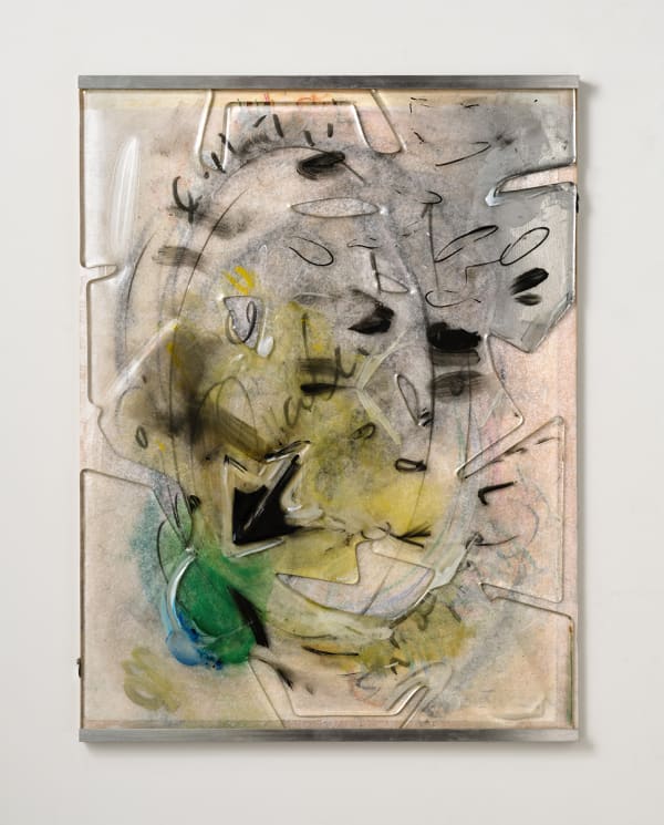 Porous Screen I, 2024; wood, paper, chalk, plastic, paint, fused, broken glass, mirror, metal; 25×19×3/4 inches Thanks to Second Best Studio in Paradise Framing, Los Angeles. Photography by Brica Wilcox.