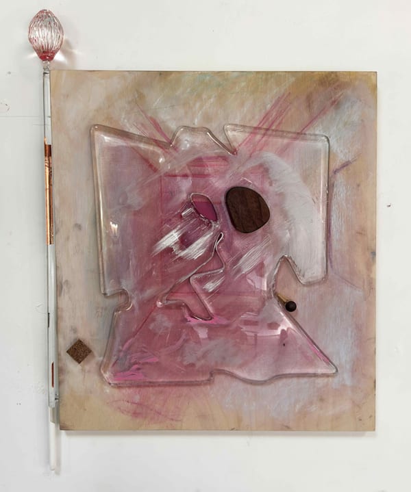 Robert Ryman Floaties Piece, 2026; borosilicate,broken screen and sheet glass and wood with paint, ink, chalk, pencil, metal, cork and plastic; 16x12x1.5 inches