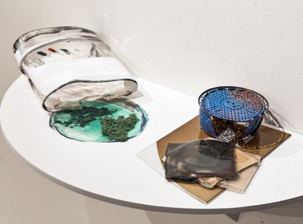 Hand Pavilion for Bodys Isek Kingelez and Hand Pavilion for Claire Faulkenstein, 2019, glass and mixed media, approx. 12" each, from "Drawing Out Time", UrbanGlass, Brooklyn, NY (curated by Alexis Wilkinson). Photography by Blaine Davis Studio.