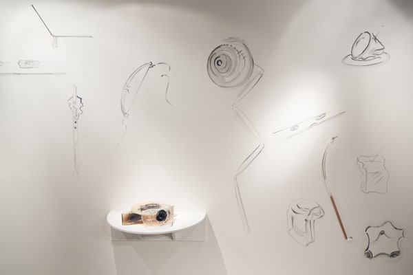 Space Junk Drawings and Hand Pavilion for Hundertwasser, 2019, glass and mixed media, approx. 14", from "Drawing Out Time", UrbanGlass, Brooklyn, NY (curated by Alexis Wilkinson). Photography by Blaine Davis Studio