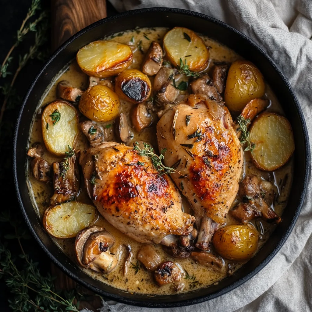 Herb Roasted Chicken in Creamy White Sauce with Mushroom and Potatoes