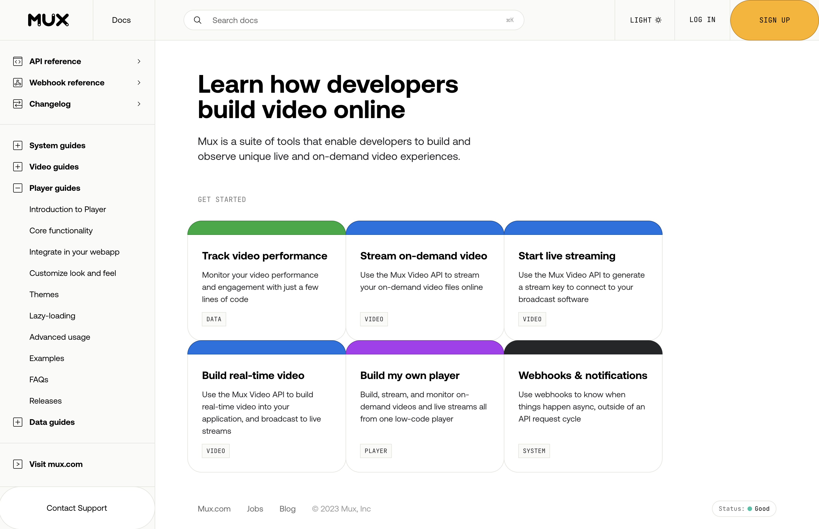 The Mux Documentation site. An easy to use navigation bar, a search bar, and information delivered both in video and in text.