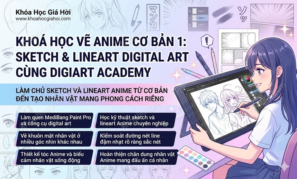 Khoá Học Vẽ Anime Cơ Bản 1: Sketch & Lineart Digital Art Cùng Digiart Academy Khoá Học Vẽ Anime Cơ Bản 1: Sketch & Lineart Digital Art Cùng Digiart Academy