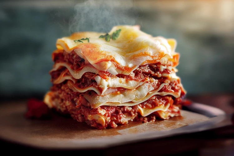 A piece of lasagna on a plate