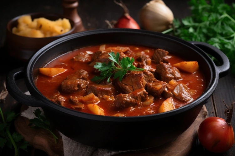 Goulash in an iron pan