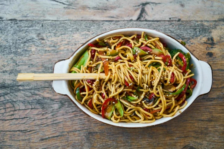 vegetarian stir fry noodles in a bowl