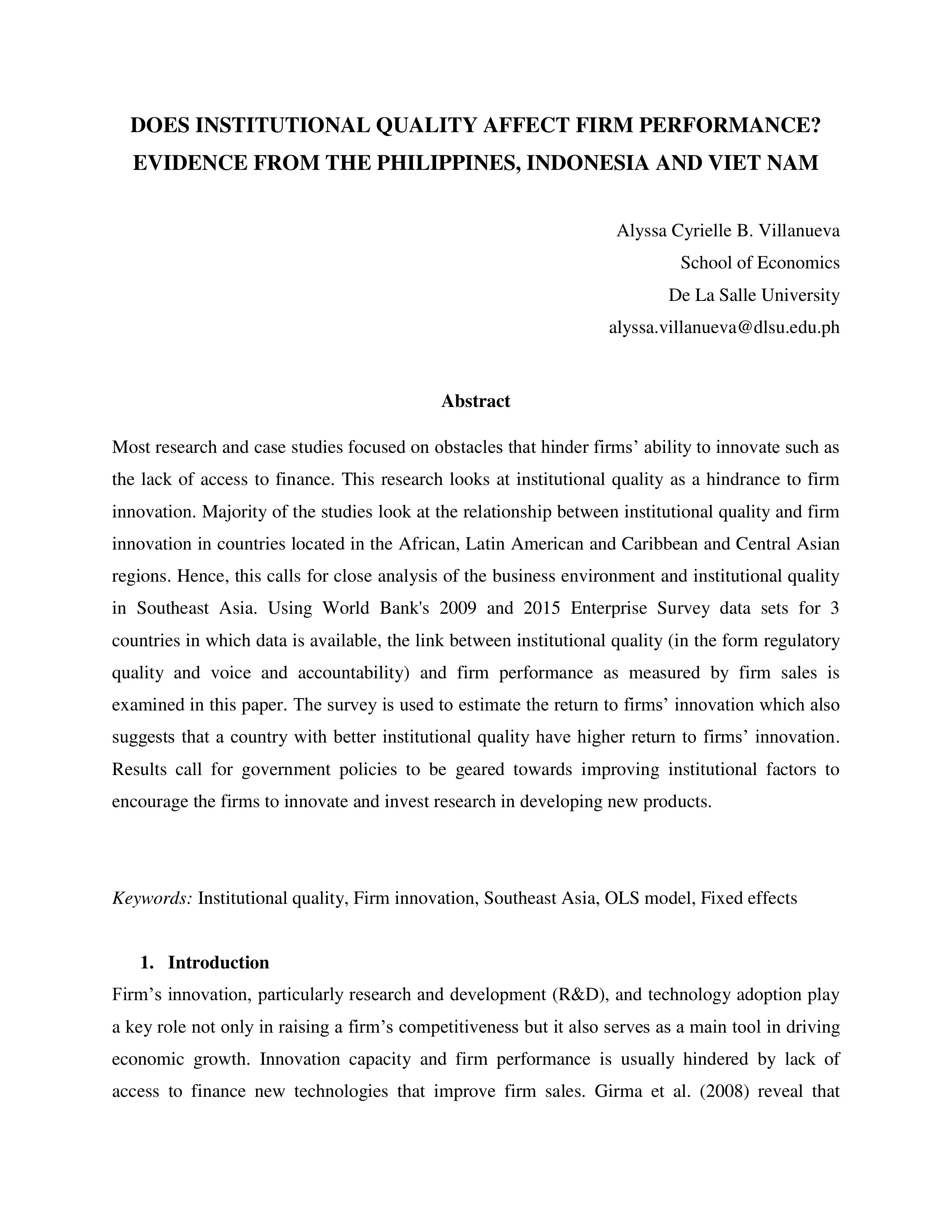 Does Institutional Quality Affect Firm Performance? Evidence From The Philippines, Indonesia And