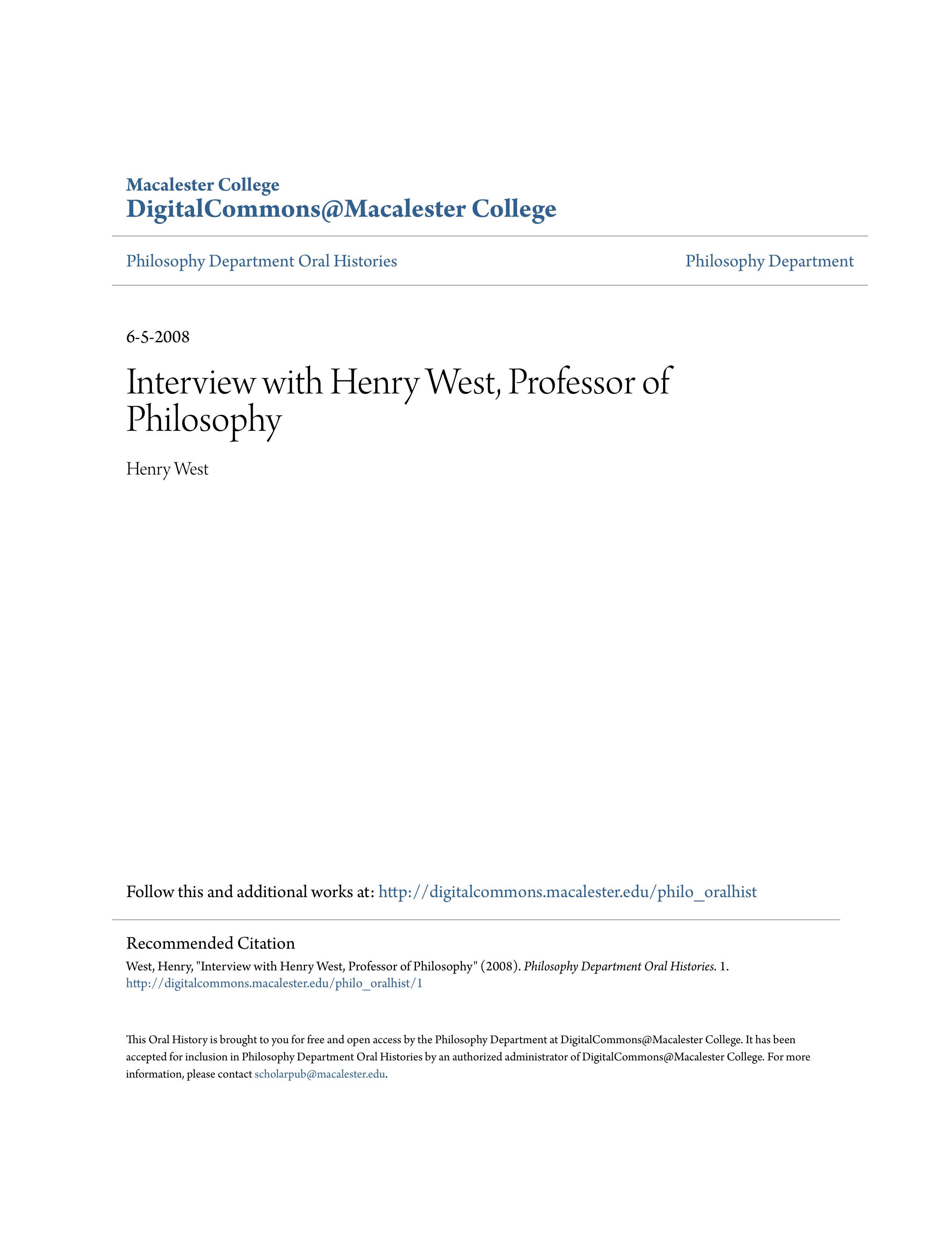 Interview with Henry West Professor of Philosophy