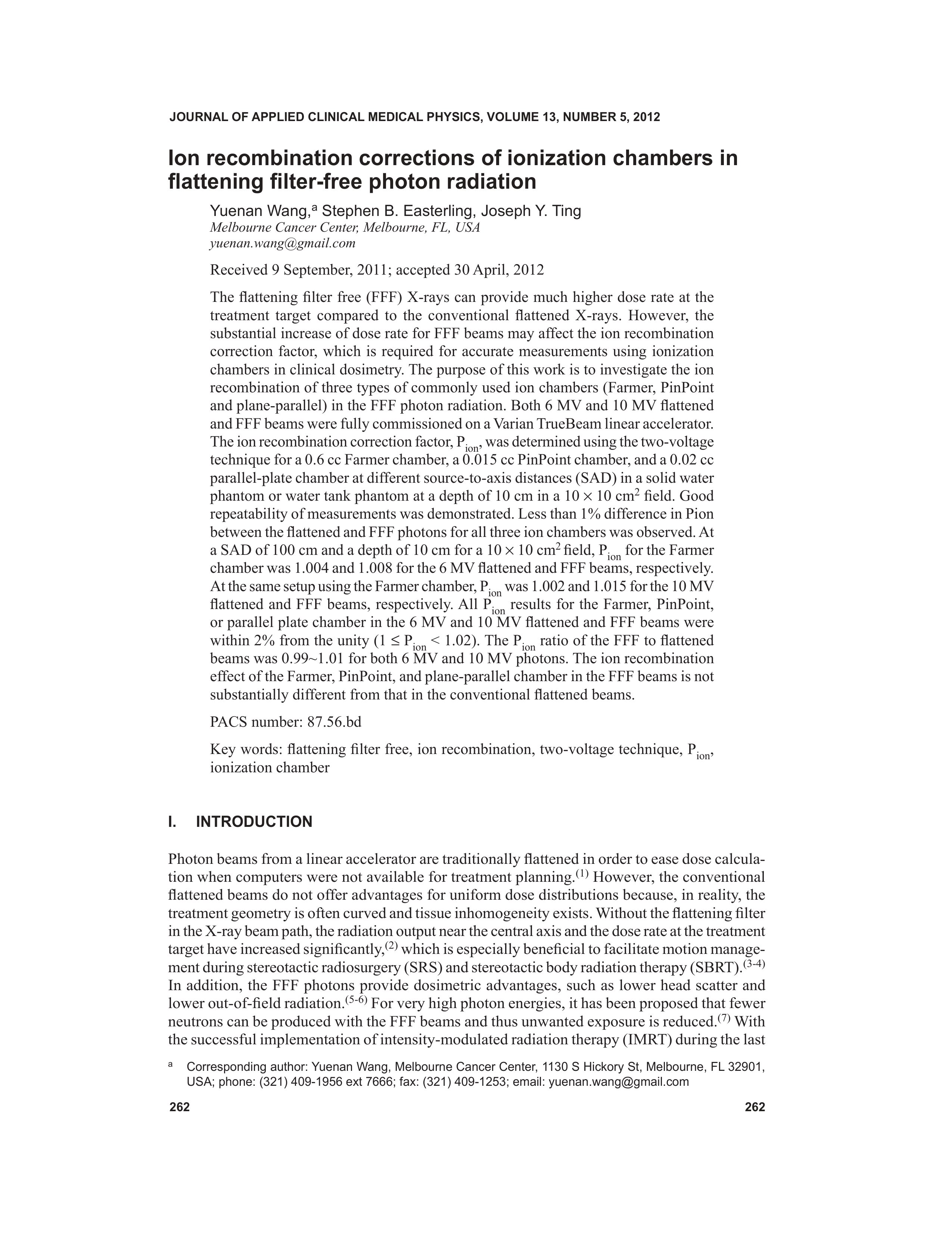 ion recombination corrections of ionization chambers in flattening filter free photon radiation