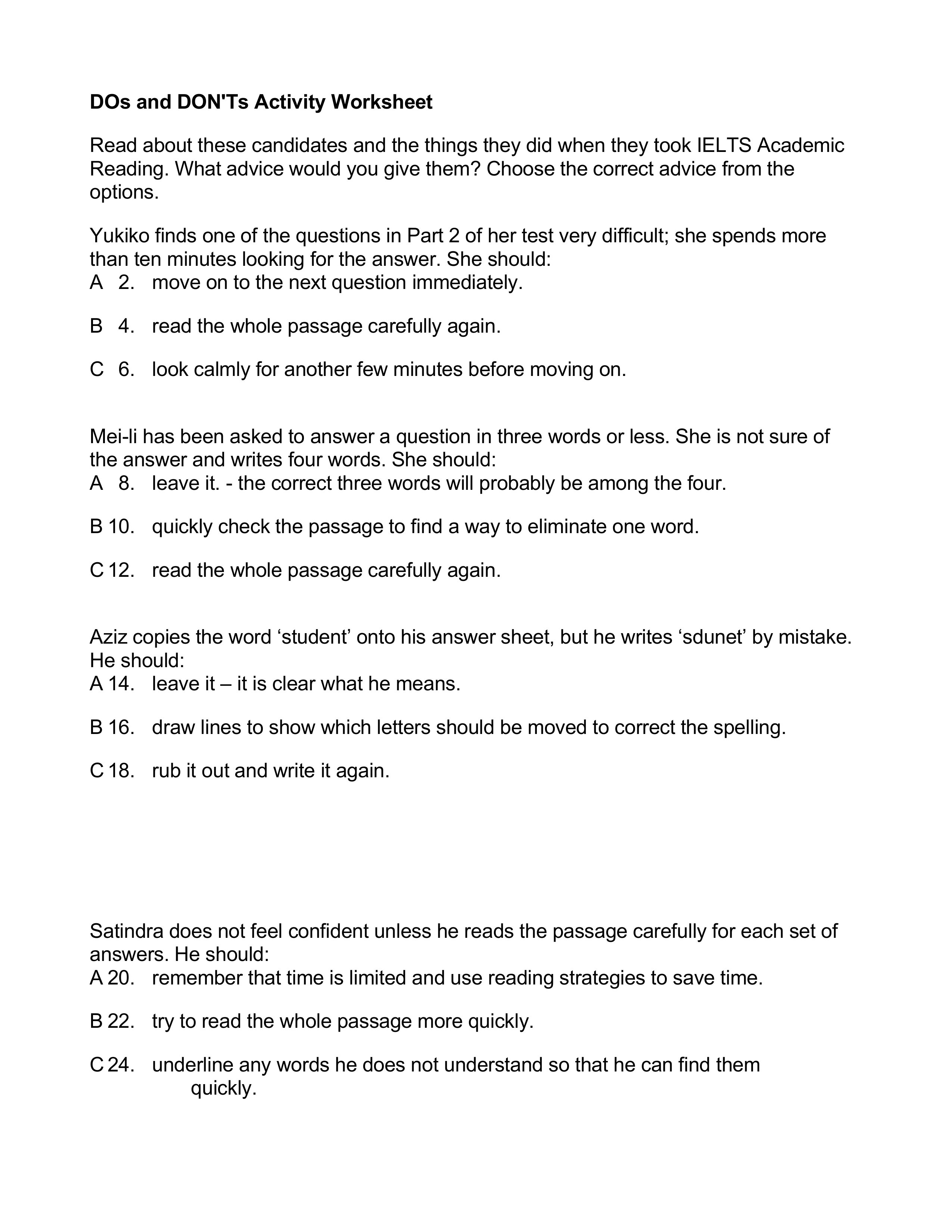 Reading DOs and DONTs activity