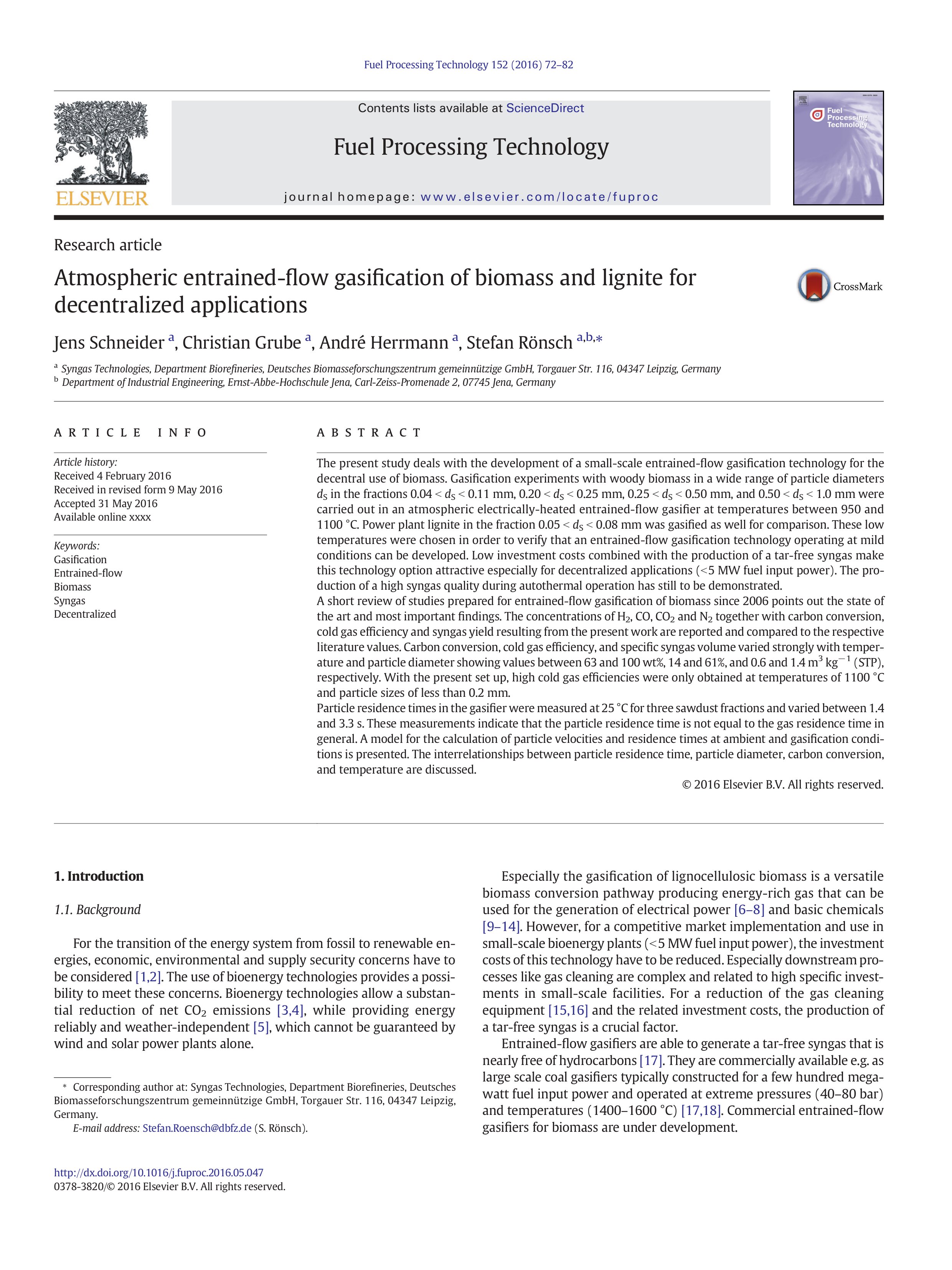Atmospheric entrained-flow gasification of biomass and lignite for decentralized applications