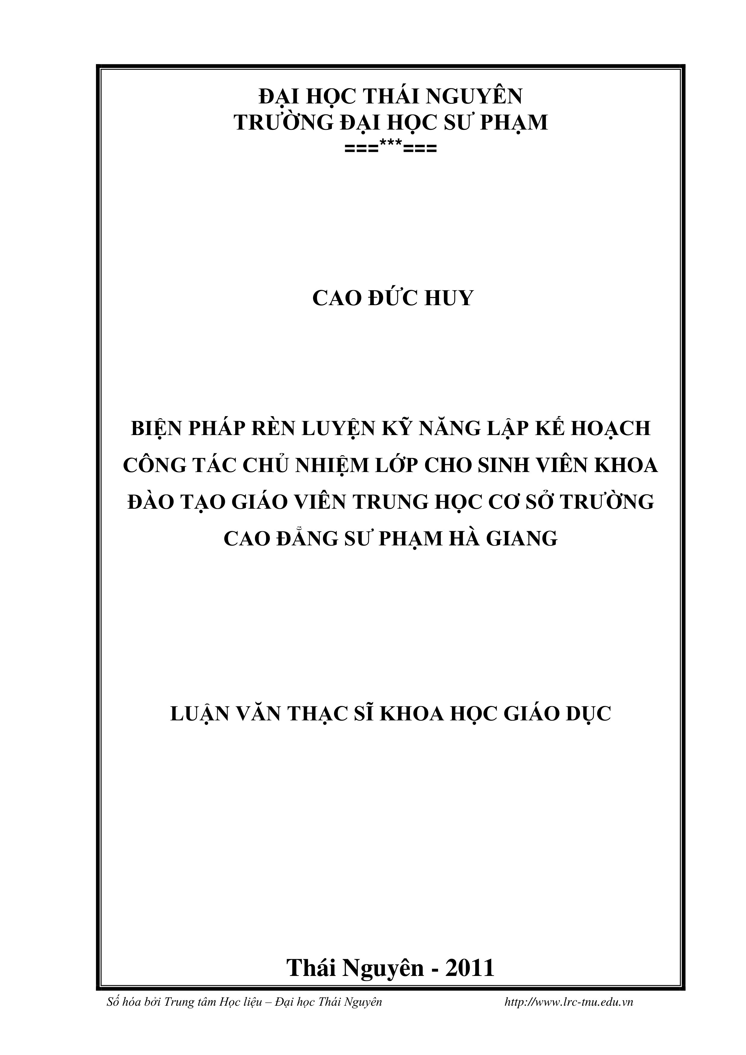 Biện pháp rèn luyện kỹ năng lập kế hoạch công tác chủ nhiệm lớp cho sinh viên khoa đào tạo giáo viên trung học cơ sở trường Cao đẳng Sư phạm Hà Giang