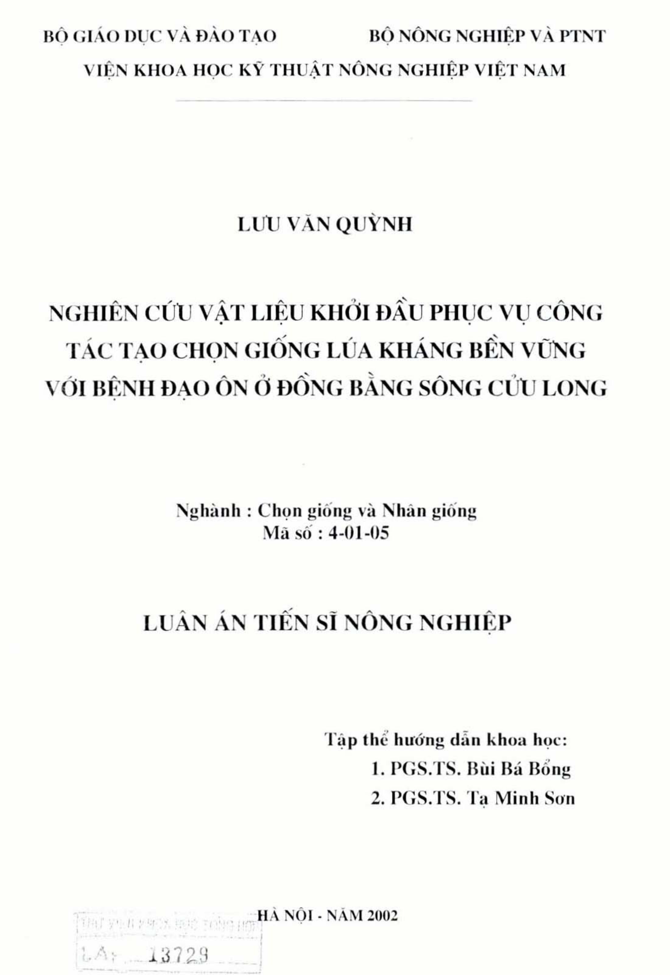 Nghiên cứu vật liệu khởi đầu phục vụ công tác tạo chọn giống lúa khán bền vững với bệnh đạo ôn ở ĐBSCL