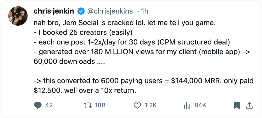 Tweet testimonial about Jem Social