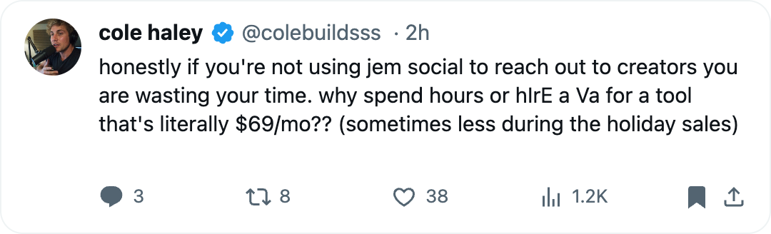 Tweet testimonial about Jem Social