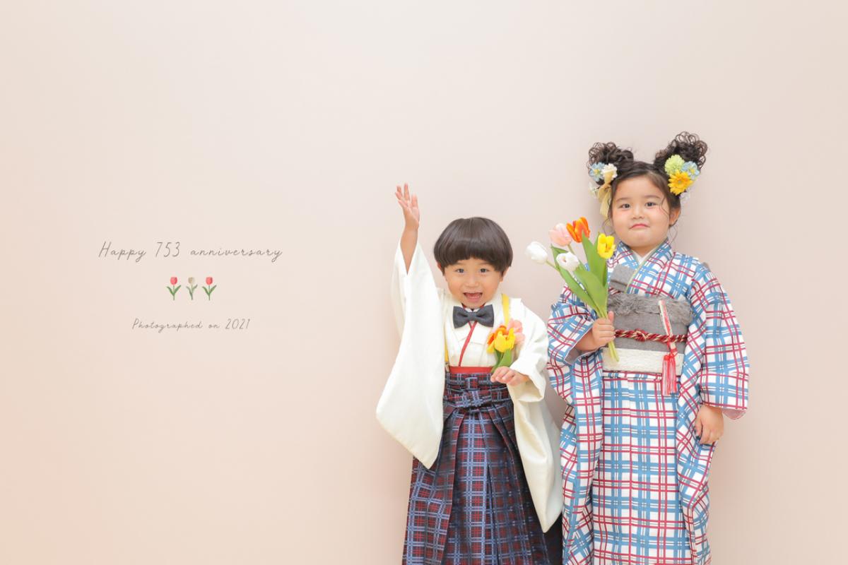 七五三　記念写真　女の子　男の子　姉弟フォト　お花　キッズフォトハウス　HAPISTA