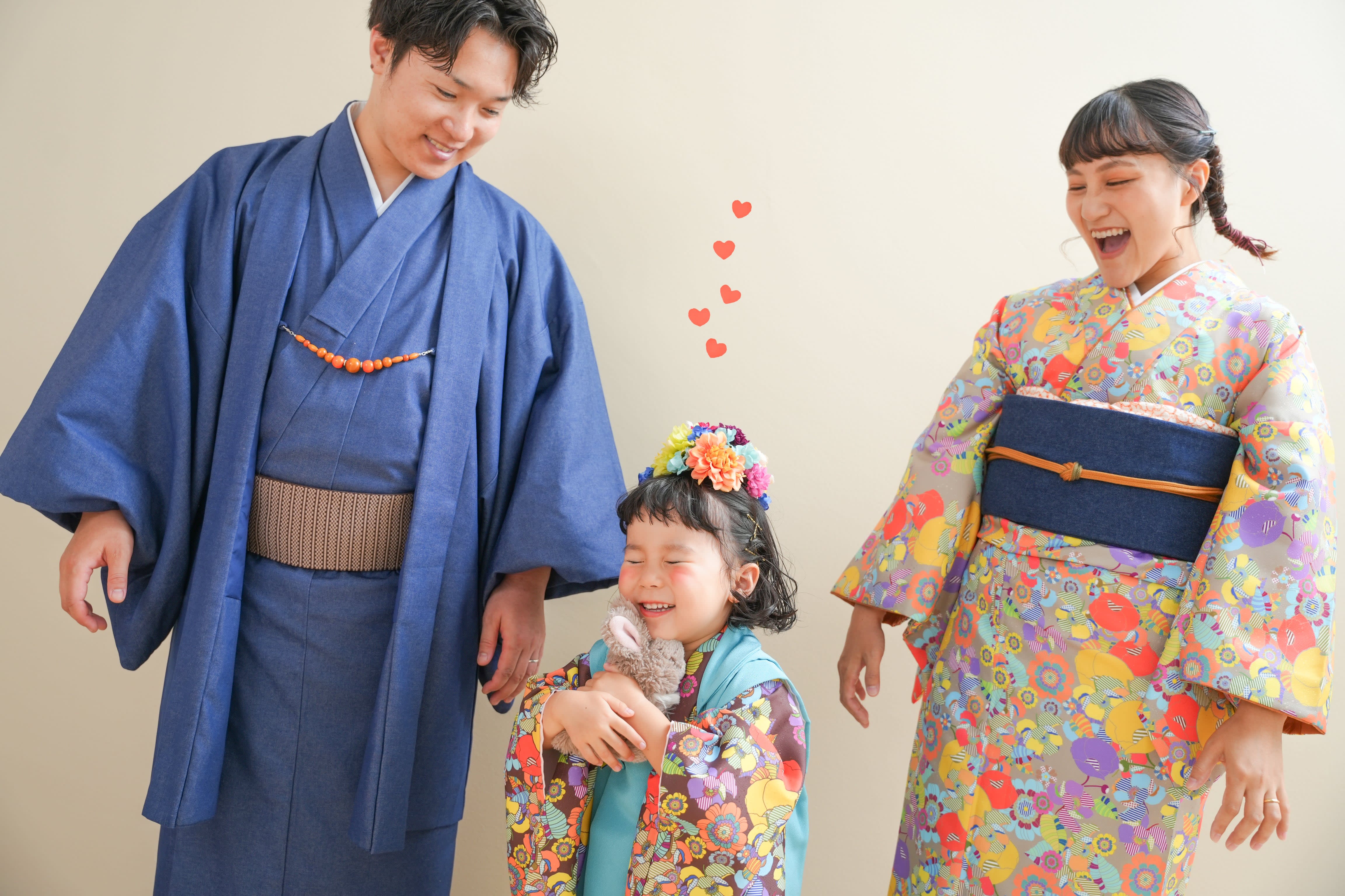  3歳　七五三　着物　お花　家族写真