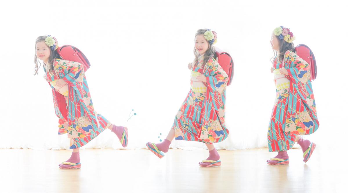 七五三　７歳女の子　ランドセル　可愛い　カラフル　キッズフォトスタジオ　ハピスタ