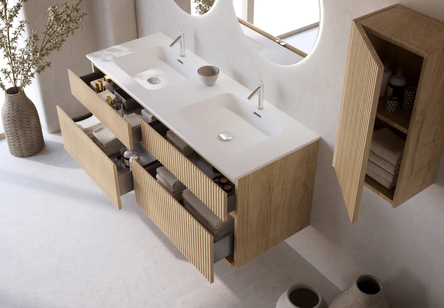 Ensemble de meubles de salle de bains en bois massif rainuré Alpes 7 Bruntec détail 6