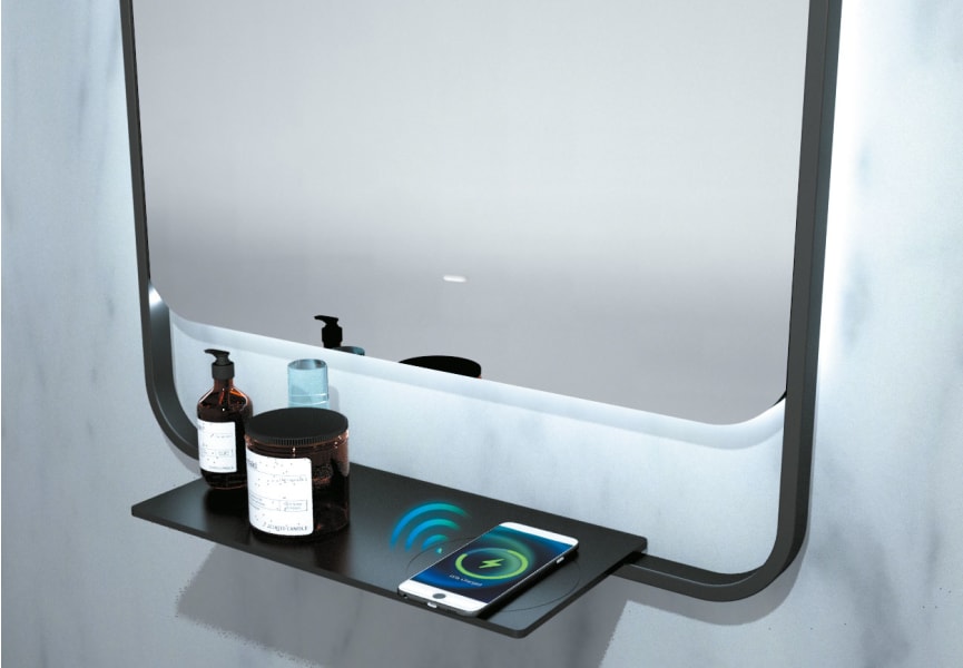 Miroir de salle de bain avec éclairage LED et chargeur de téléphone portable Concept Ledimex détail 2