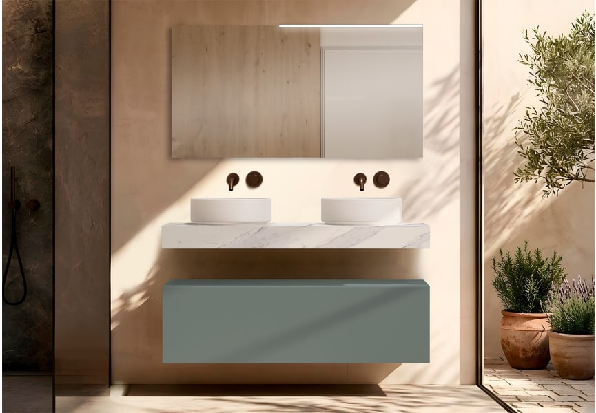 Mueble de baño con encimera HPL resina 10 cm acabado marmoleado Cala con cajonera Nomad Visobath ambiente 18