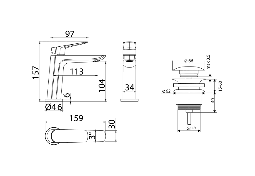 Pack Grifo de lavabo Bélgica Imex + Válvula click-clack croquis 6