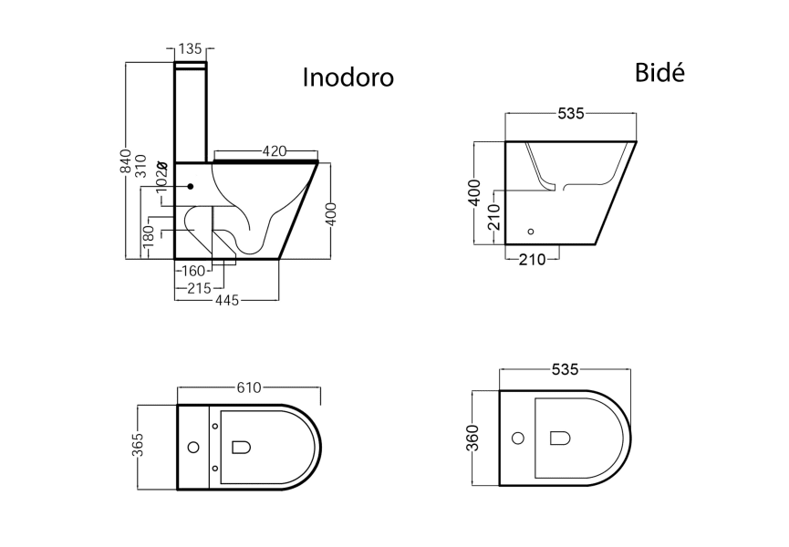 Pack toilette + réservoir + bidet Lisboa Bruntec croquis 7