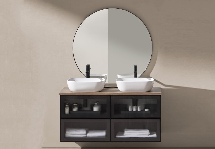 Conjunto mueble de baño frente cristal a rayas Koba Sanchis principal 0