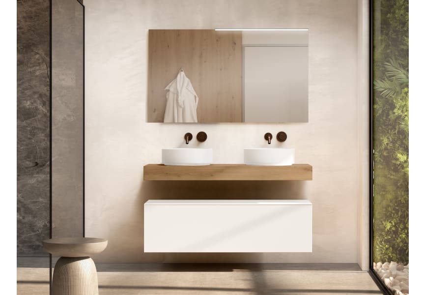 Meuble de salle de bains avec plan de toilette en bois de 10 cm de hauteur couleur chêne avec tiroirs Nomad Visobath principal 0