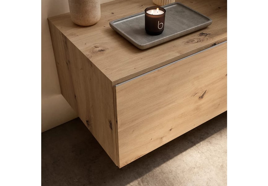Meuble de salle de bains avec plan de toilette en bois de 10 cm de hauteur couleur chêne avec tiroirs Nomad Visobath détail 6