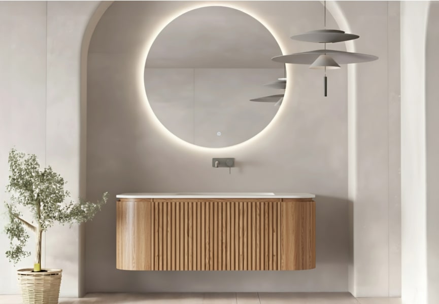 Conjunto de mueble de baño 100 cm de madera maciza de fresno con lavabo Solid Surface Evo Curve Bruntec principal 0