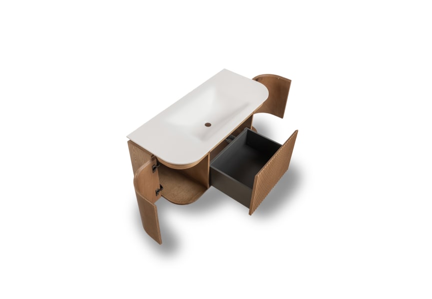 Conjunto de mueble de baño 100 cm de madera maciza de fresno con lavabo Solid Surface Evo Curve Bruntec detalle 3