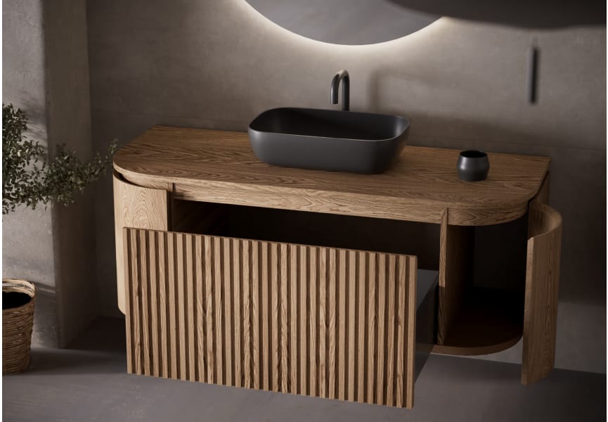 Meuble de salle de bain 100 cm en bois massif de frêne avec plan de toilette en bois Evo Curve Bruntec détail 5