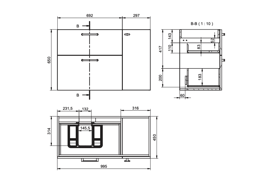 Meuble de salle de bains avec plan de toilette en bois Verso Viso croquis 13