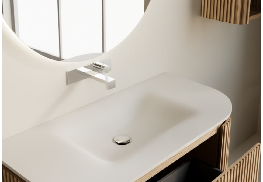 Ensemble meuble de salle de bain, plusieurs dimensions, en bois massif de frêne avec lavabo Solid Surface Neo Curve Bruntec détail 5