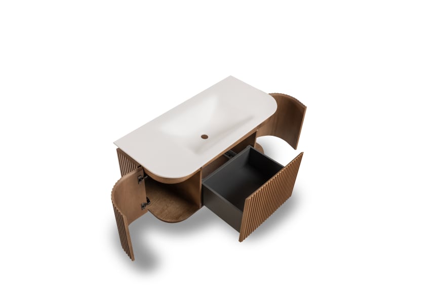 Ensemble meuble de salle de bain, plusieurs dimensions, en bois massif de frêne avec lavabo Solid Surface Neo Curve Bruntec détail 3