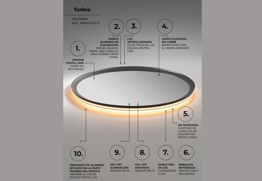 Miroir de salle de bains avec éclairage LED Torino Ledimex détail 10