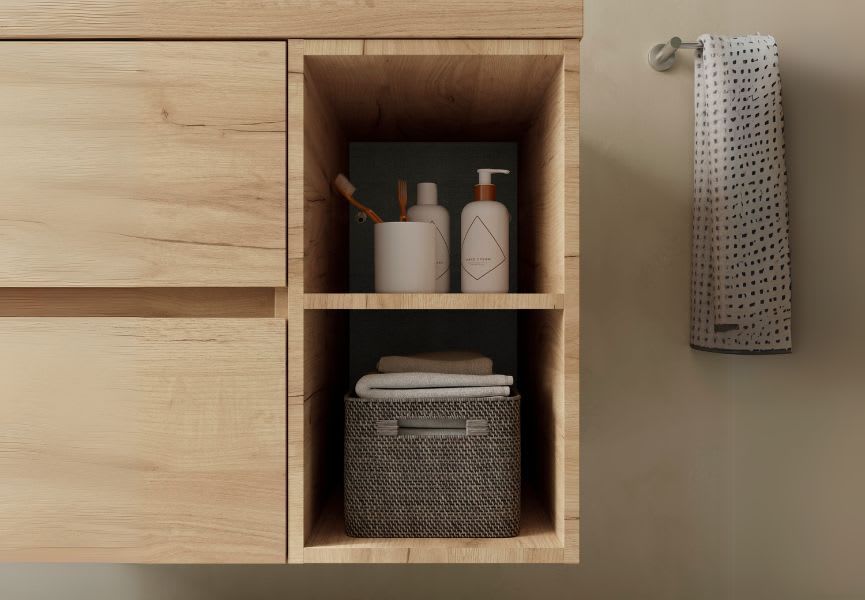 Conjunto mueble de baño con lavabo sobre encimera Bequia Salgar detalle 7