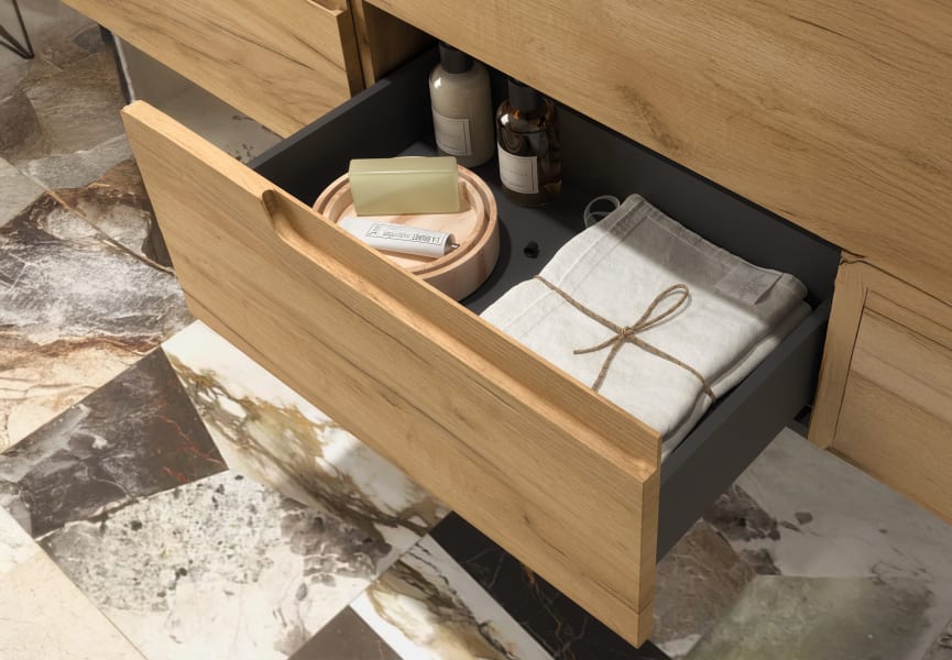 Meuble de salle de bains avec plan de toilette dans la même couleur que le meuble Vima Salgar détail 4