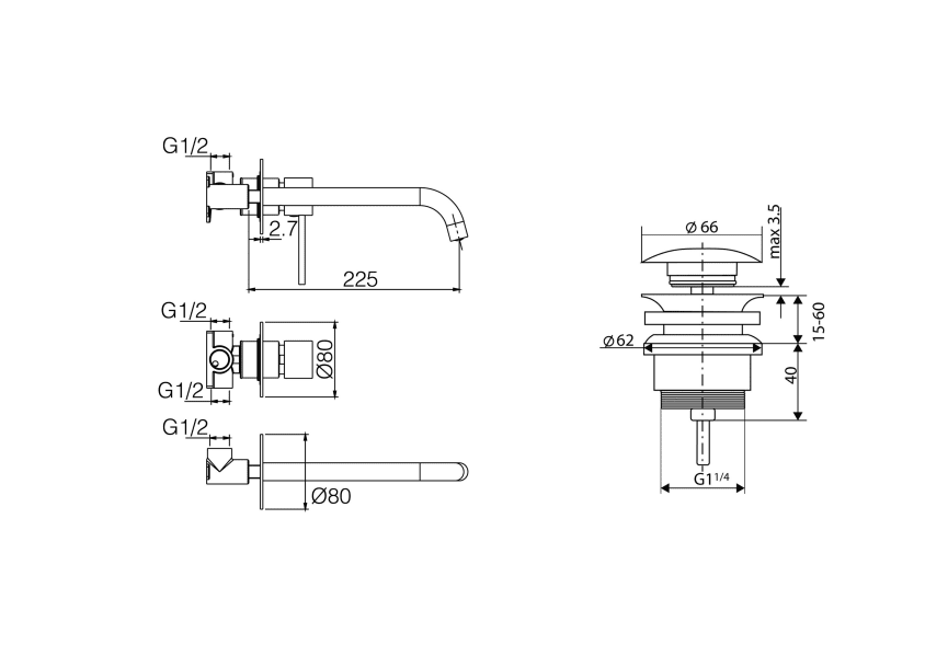 Robinetterie de lavabo encastrée Milos Imex + bonde click-clack pack croquis 11