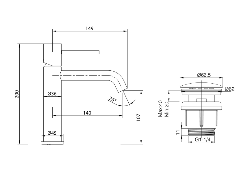 Pack Grifo de lavabo Monza + Válvula click-clack de Imex croquis 8